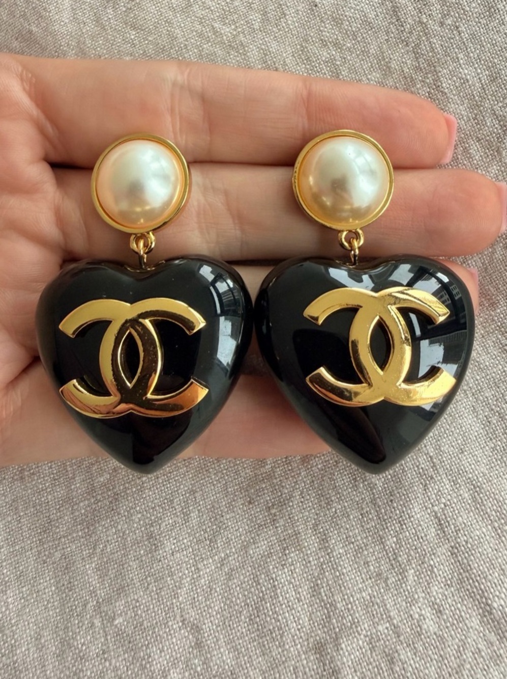 Chanel Black Resin Heart CC Drop Earrings in Black & Gold
